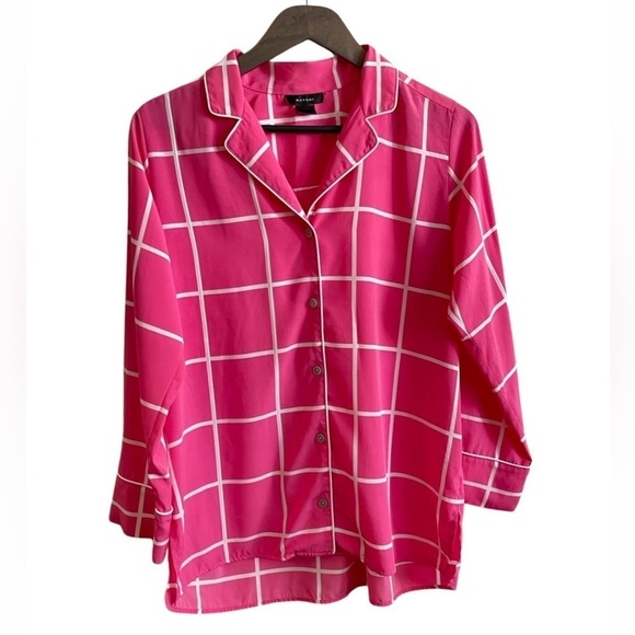 Natori Women Pink Button Up Sleepwear Shirt Size S Windowpane Print Long Sleeve - Picture 1 of 8